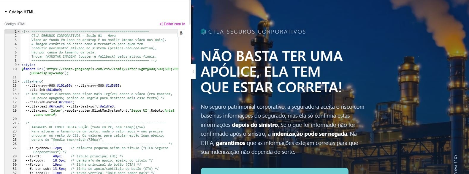 Código HTML da seção hero da CTLA no Elementor ao lado da página renderizada
