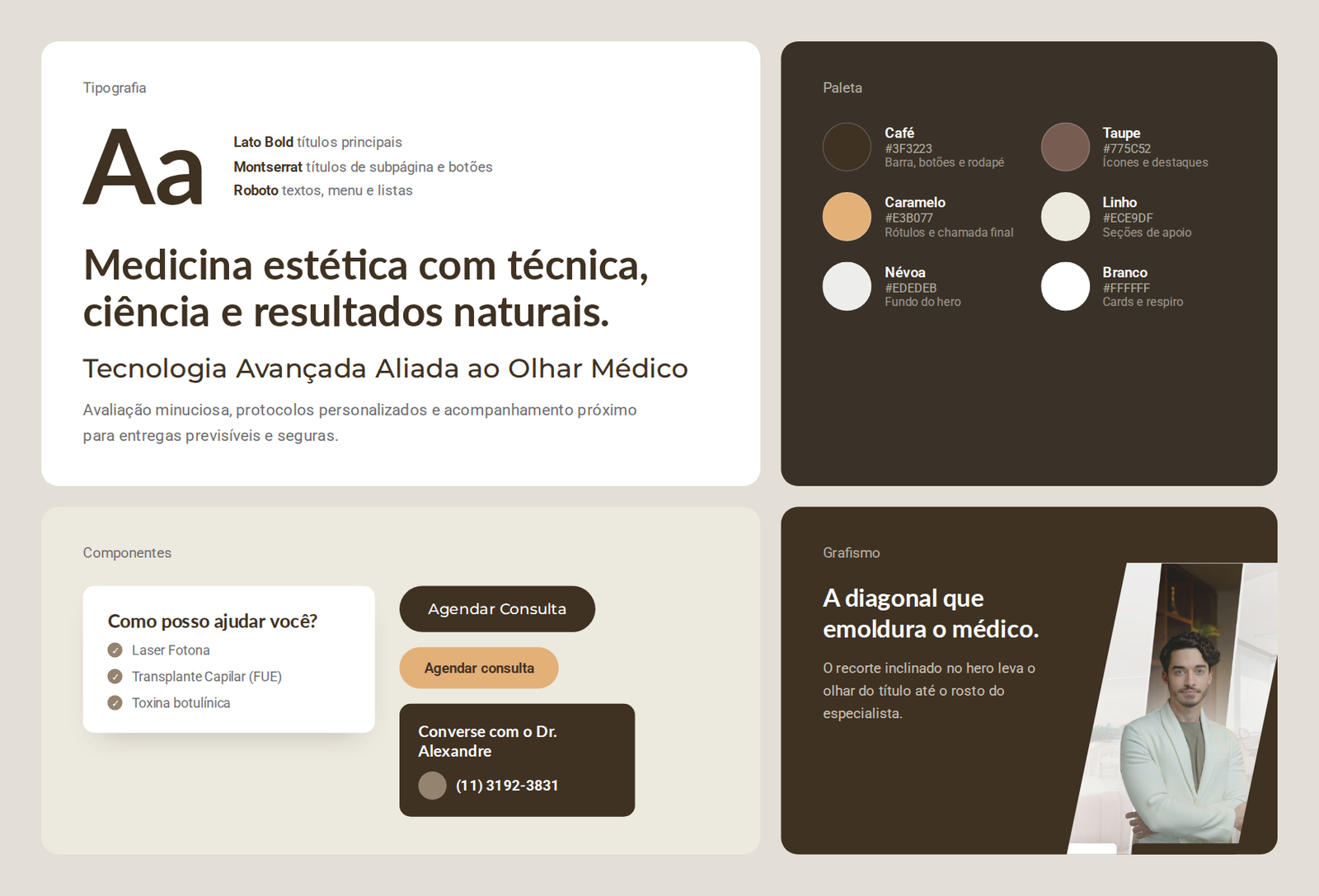 Estudo visual do site: tipografia Lato, Montserrat e Roboto, paleta em tons de café e linho, componentes e o recorte diagonal do hero