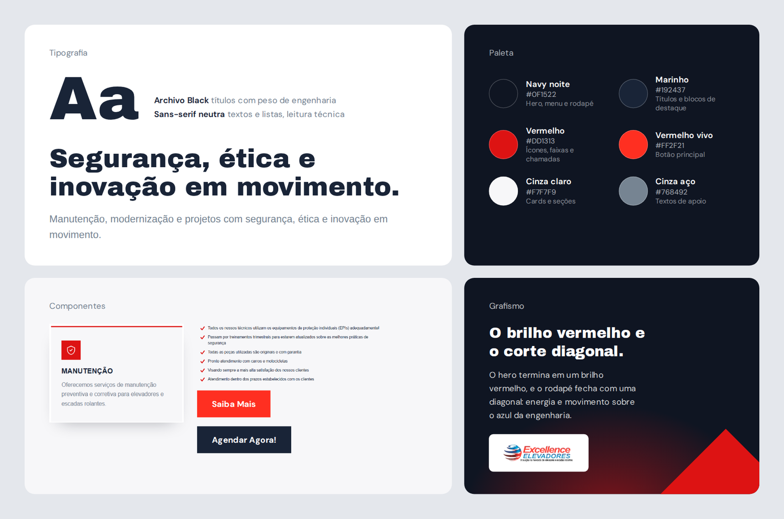 Estudo visual do site: tipografia Archivo Black, paleta em azul-noite e vermelho, componentes e grafismo