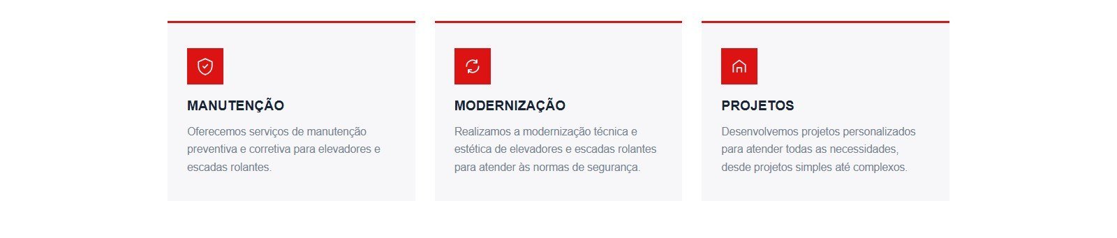 Cards de serviços: manutenção, modernização e projetos