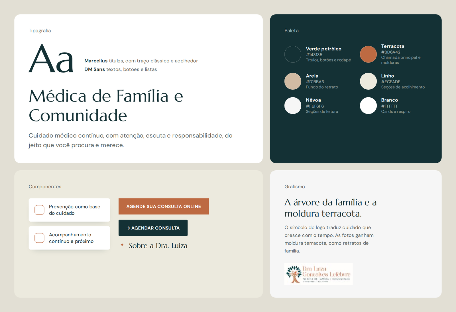 Estudo visual do site: tipografia Marcellus e DM Sans, paleta em verde petróleo, terracota e areia, componentes e o logo com a árvore