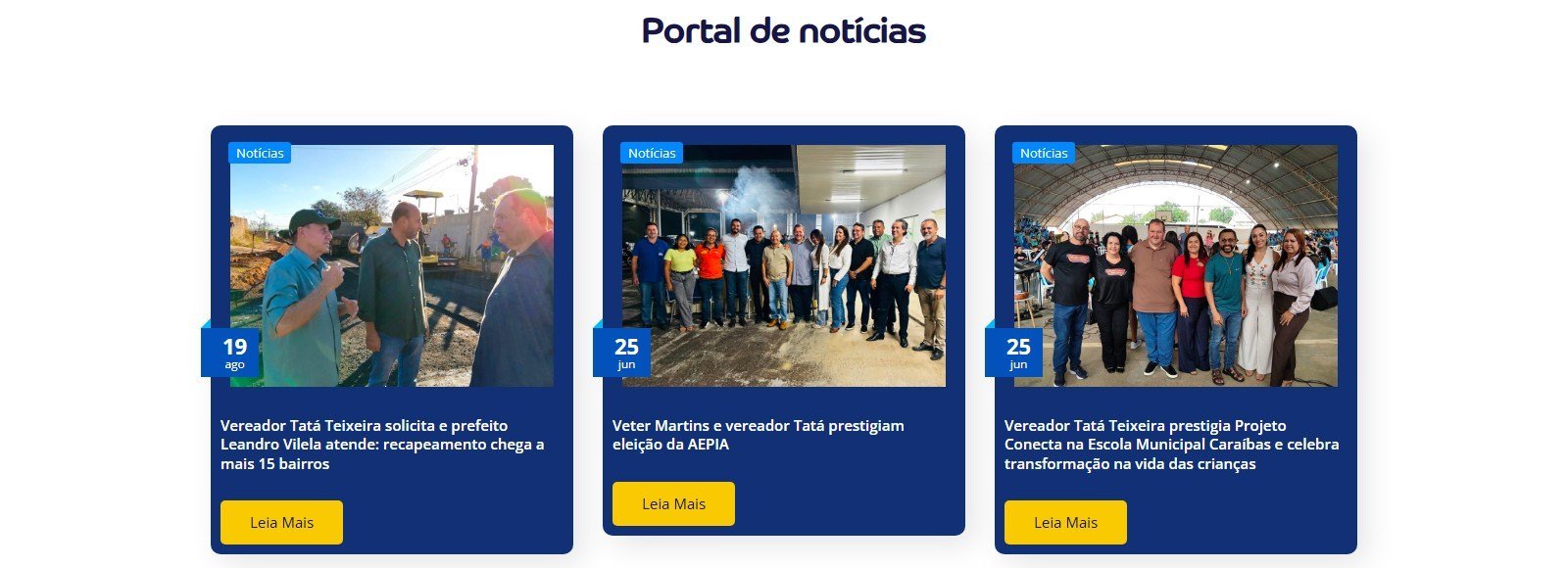 Seção Portal de notícias com três cards de notícias recentes